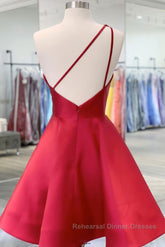 Burgundy v neck satin short Semi Formal Prom Dresses one shoulder cocktail Dresses